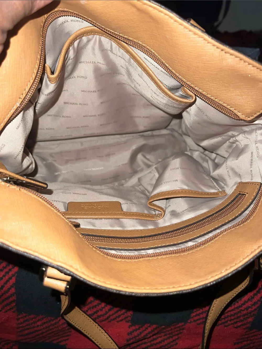 Michael Kors Brown MK Logo Monogram Tote with Tan Leather Handles